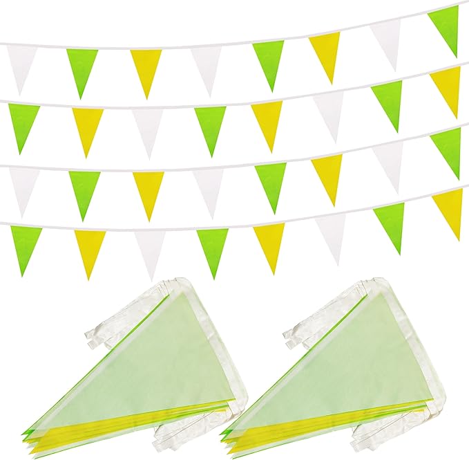 100 Ft White Green Yellow Pennant Banner Flag, 60 Pcs String Hanging DIY Bunting Flags for Party, School, Birthday, Wedding, Carnival, Celebrations, Outdoor and Indoor Decorations (White Green Yellow)