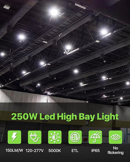 Glitgate 250W UFO LED High Bay Shop Light 6-Pack 150LM/W 37,500LM Output High Bay Led Lights 100-277V IP65 Waterproof Commercial Warehouse Lighting Fixture 5000K Daylight for Garage, Workshop, Factory