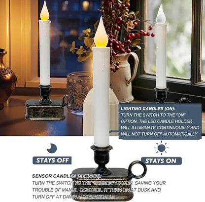 GOOTHY Set of 4 Battery Operated LED Window Candles, Dusk to Dawn Light Sensor, Flicker Flame Christmas Window Candles with Bronze Base, 10 Inch Flameless Taper Candle for Table Bedroom Christmas
