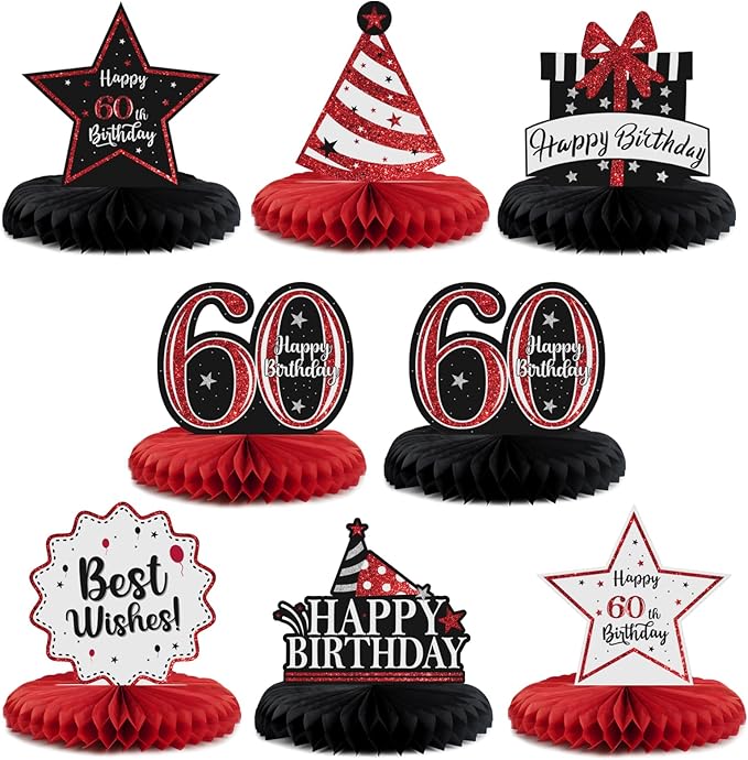 Happy 60th Birthday Decorations,60th Bday Red Glitter Shiny Stand Honeycomb Table Centerpieces - Cheers to Sixty Years Old Birthday Party Photoprop Gift Sign.