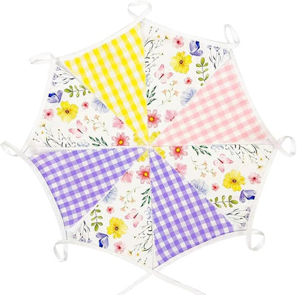 32Ft Wildflower Party Decorations Pink Purple Yellow Gingham Plaid Flowers Pennant Floral Banner Fabric Triangle Flag Garland Streamers for Easter Spring Summer Birthday Baby Shower Picnic Party Decor