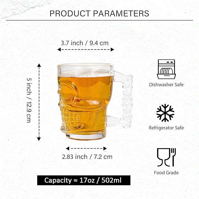 Beer Mugs Set of 4 - Skull Glasses with Handle - 17 OZ Heavy Base Drinking Tiki Glasses - Clear Beer Stein Cup for Whiskey, Wine, Juice, Home Bar, Halloween Decorations Gifts