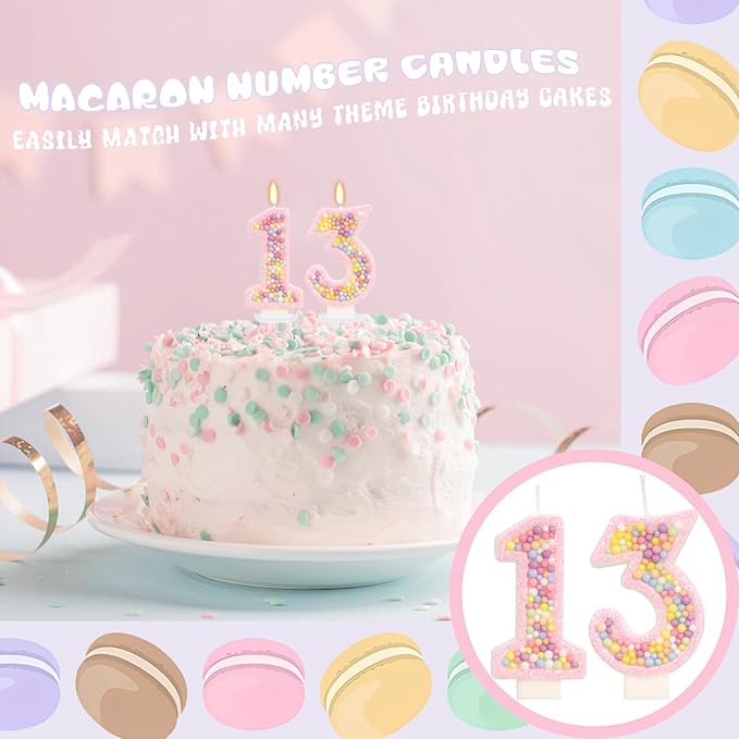 Birthday Candles - Number 13 Candle, Colorful Macaron Candles, 13 Birthday Girl Decorations, Sweet Cake Decorations, Sweet Theme Party Supplies (Pink)
