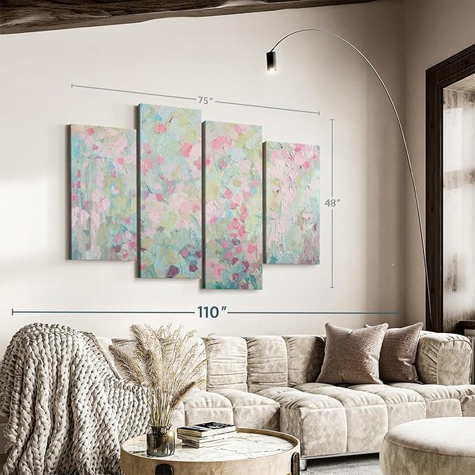 Elephant Stock Dancing Sakura Tree Wall Art - Horizontal Canvas - 4-Piece Living Room Wall Decor - Painting Abstract Canvas Print - Pink and Blue Decor for Wall by Ann Marie Coolick - 75" X 48"
