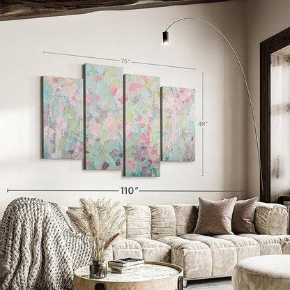 Elephant Stock Dancing Sakura Tree Wall Art - Horizontal Canvas - 4-Piece Living Room Wall Decor - Painting Abstract Canvas Print - Pink and Blue Decor for Wall by Ann Marie Coolick - 75" X 48"