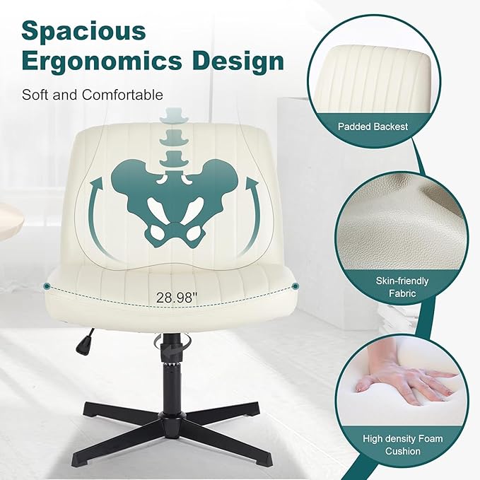 OLIXIS Criss Cross Legged Chairs Armless No Wheels Wide Seat Height Adjustable Swivel Padded PU Leather Home Office Desk Seating for Bedroom, Student, Study Room