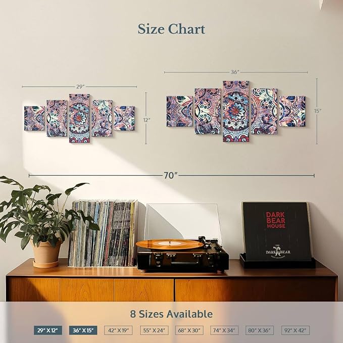 ElephantStock - Mandala Enchantment Wall Art - Horizontal Multi Panel Canvas - 5 Piece Living Room Wall Decor - Digital Art Elements Multi Piece Wall Art - Blue And Beige Decor - 36" x 15"