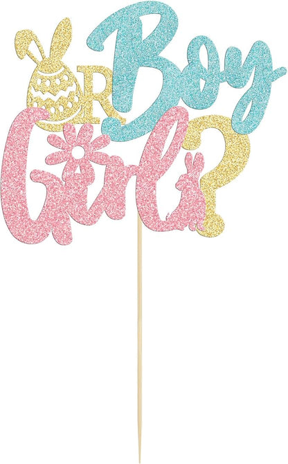 1Pc Happy Easter Boy or Girl Cake Topper Blue Pink Glitter Rabbit Bunny Gender Reveal Cake Food Pick Bunny Cake Decorations for Happy Easter Themed Baby Shower Kids Birthday Party Supplies