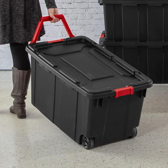 Sterilite 8-Pack Industrial Tote, Heavy-Duty Storage Bins w/Lids and Wheels, 40 Gallon - Stackable Organizing Containers for Home, Garage, Office, and Basement