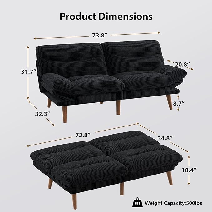 Pipishell Futon Sofa Bed, 66 Inch Corduroy Futon Couch Convertible with Adjustable Backrest and Armrests, Recliner Sleeper Sofa for Small Spaces, Living Room, Office, Guest Room (Black, 66 Inch)