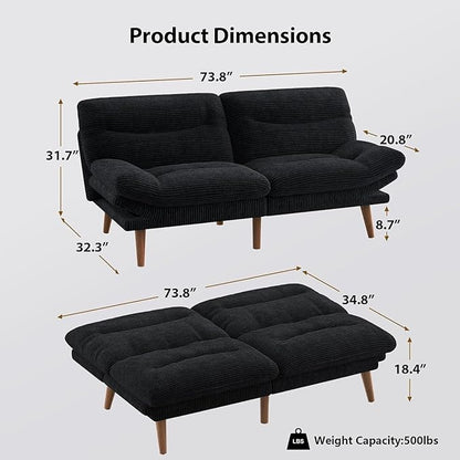 Pipishell Futon Sofa Bed, 66 Inch Corduroy Futon Couch Convertible with Adjustable Backrest and Armrests, Recliner Sleeper Sofa for Small Spaces, Living Room, Office, Guest Room (Black, 66 Inch)