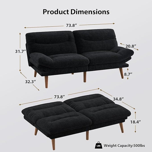 Pipishell Futon Sofa Bed, 66 Inch Corduroy Futon Couch Convertible with Adjustable Backrest and Armrests, Recliner Sleeper Sofa for Small Spaces, Living Room, Office, Guest Room (Black, 66 Inch)