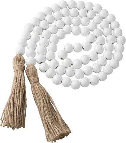 Wood Bead Garland 58 Inch White Wooden Beads for Boho Farmhouse Table Home Decor with Tassel, Wooden Prayer Bead, Rustic Country Boho Wall Hanging Decor for Kitchen Modern Living Room Tray Vase Shelf