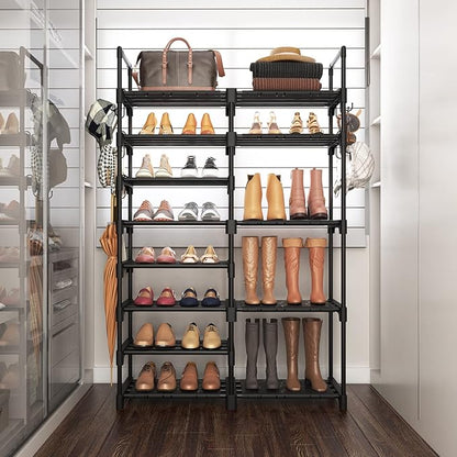 ROJASOP Shoe Rack Organizer, 8-Tier Metal Shoe Rack for Closet Entryway Garage, 26-32 Pairs Tall Shoe Boot Storage Shelf with 15 Hooks, Stackable Large Shoe Stand