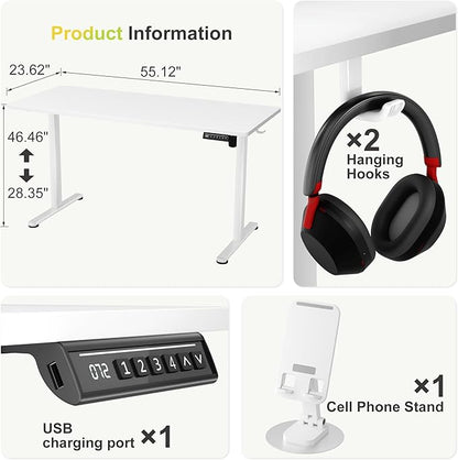 Furmax Electric Standing Desk, 55 x 24 Inches Sit Stand up Desk, Sit Stand Height Adjustable Home Office Desk with 4 Height Position Memory - with Splice Board (White, 55)