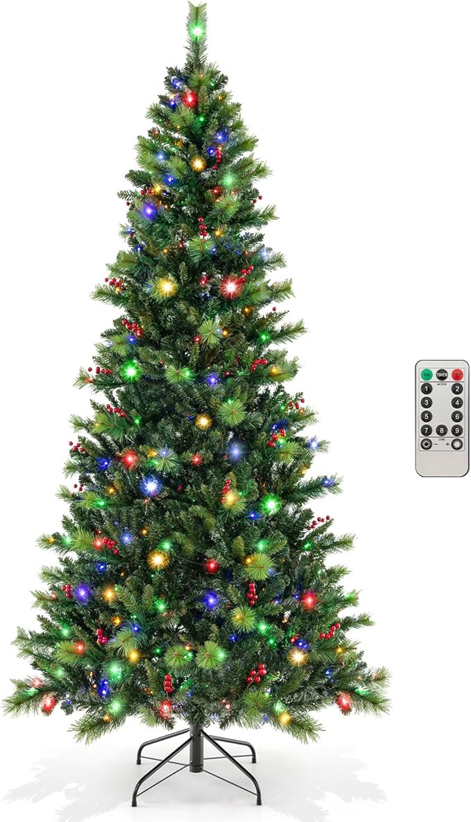 GOFLAME 8FT Pre-Lit Christmas Tree, Hinged Artificial Xmas Tree with Pine Needles, 1272 Branch Tips, 43 Clusters of Red Berries, 500 LED Lights, 9 Lighting Modes, 4 Brightness, Remote Control & Timer