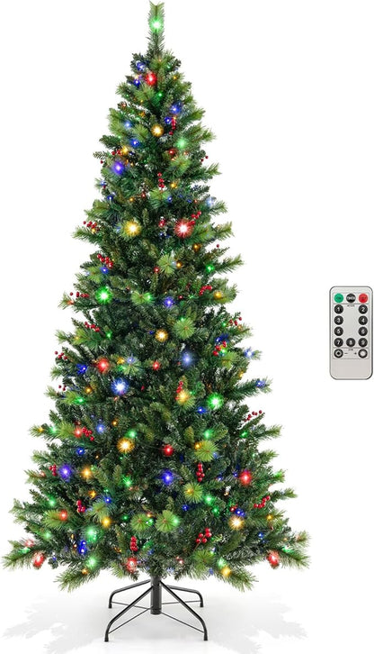 GOFLAME 8FT Pre-Lit Christmas Tree, Hinged Artificial Xmas Tree with Pine Needles, 1272 Branch Tips, 43 Clusters of Red Berries, 500 LED Lights, 9 Lighting Modes, 4 Brightness, Remote Control & Timer
