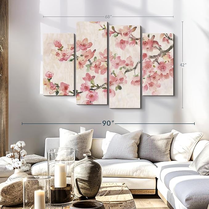 Elephant Stock Cherry Blossom Composition I Wall Art - Horizontal Canvas - 4-Piece Living Room Wall Decor - Branch Painting Canvas Print - Pink and Green Decor for Wall by Tim O'Toole - 68" X 42"