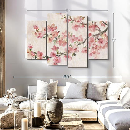 Elephant Stock Cherry Blossom Composition I Wall Art - Horizontal Canvas - 4-Piece Living Room Wall Decor - Branch Painting Canvas Print - Pink and Green Decor for Wall by Tim O'Toole - 68" X 42"