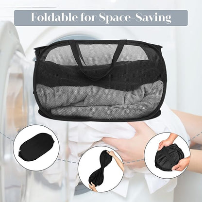 Durable Collapsible Laundry Baskets, Mesh Pop Up Laundry Hamper with Side Pocket, Foldable Clothes Storage Hamper with Reinforced Carry Handles for Laundry, Bathroom, Kids Room, Dorm or Travel Black