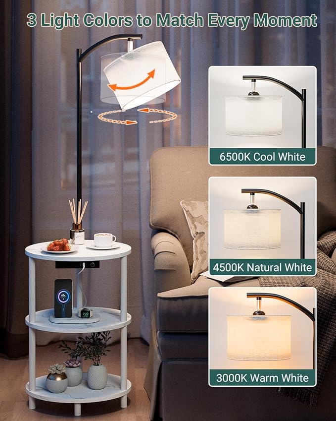 Round Side Table with Lamp and USB Ports, 3-Tier Small End Table for Living Room & Bedroom, Rustic Wood Metal Nightstand for Small Spaces, Easy to Assemble, Marble White