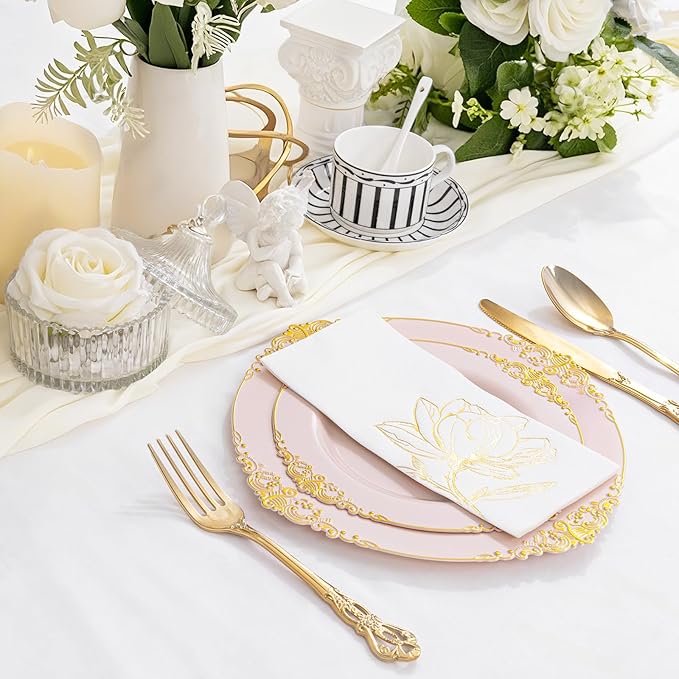 50 Pack Gold Magnolia Napkins - Gold Floral Disposable Napkins - Cloth-Like Feel Dinner Paper - Vintage Heavy Duty Hand Towels for Bathroom Wedding Holiday Party Bridal Decorative Towels