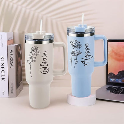 ThermoThrill Ships Next Day, Personalized 40 Oz Tumbler with Handle and Straw Custom Tumbler with Text Stainless Steel Mug Birthday Gifts for Women