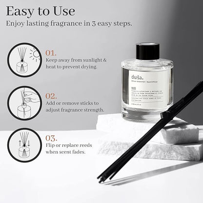 Duša Baies Scented Reed Diffuser & Sticks – 5 Fl Oz Essential Home Fragrance for Bathroom, Office & Living Spaces –Stylish & Long-Lasting Room Air Freshener –Ideal for Housewarming & Special Occasions