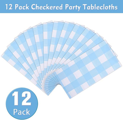 Kesfey 12 Packs Light Blue Gingham Tablecloth Pale Blue and White Checkered Tablecloths 54 x 108 Inch Disposable Plastic Gingham Tablecovers Waterproof Rectangle Picnic Table Cover for Birthday Party