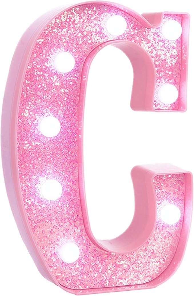 Pink LED Marquee Light Up Letters, Glitter Alphabet Letter Lights for Birthday Party Decorations, Battery Operated Letter Signs for Girls Room Table Decor, Pink letter C with Cool White Lights