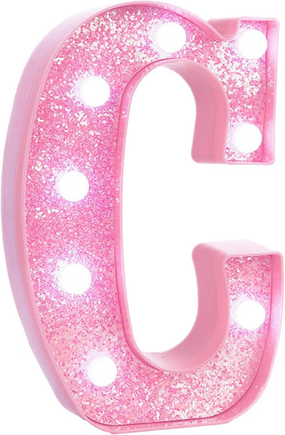 Pink LED Marquee Light Up Letters, Glitter Alphabet Letter Lights for Birthday Party Decorations, Battery Operated Letter Signs for Girls Room Table Decor, Pink letter C with Cool White Lights