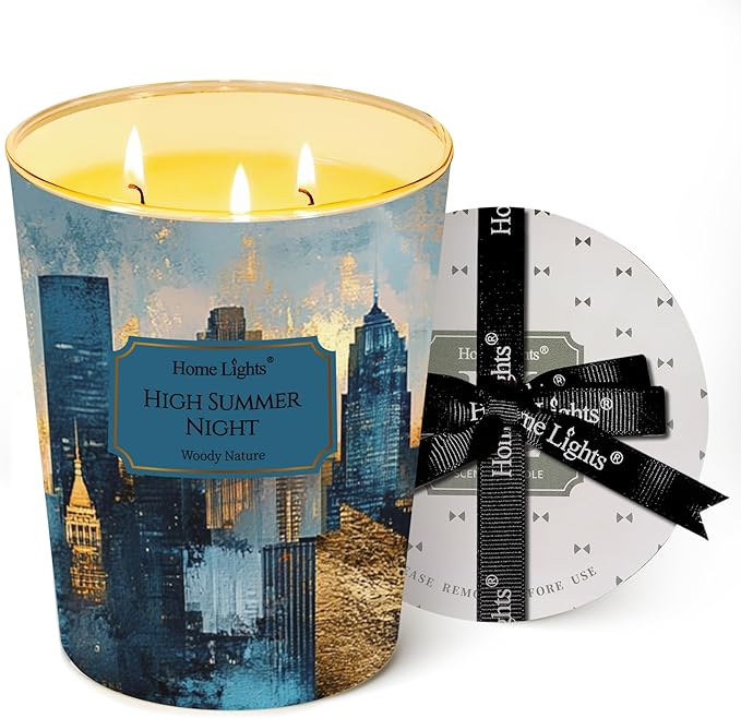 HomeLights High Summer Night Scented Candles | 34oz Soy Candles Industrial Chic 3-Wick Large Candle Jars | Ideal Candle Gifts for Events, Home Decor Stress, Relief & Relaxation
