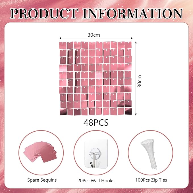 48 PCS Rose Gold Shimmer Wall Backdrop, Square Sequin Photo Backdrops Panel, Glitter Wall Background for Birthdays, Weddings, Christmas, Engagements, Disco Bachelorette Party Decoration (6FTx8FT)