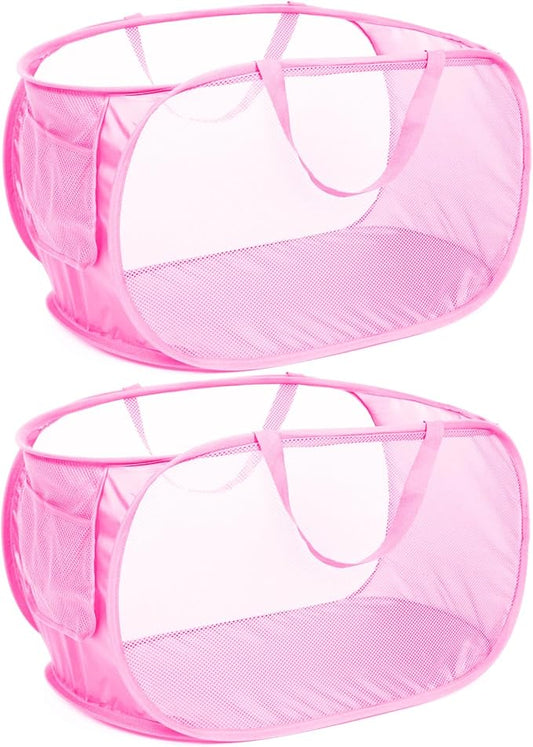 Durable Collapsible Laundry Baskets, Mesh Pop Up Laundry Hamper with Side Pocket, Foldable Clothes Hamper with Reinforced Carry Handles for Laundry, Bathroom, Kids Room, Dorm or Travel 2 Pack Pink