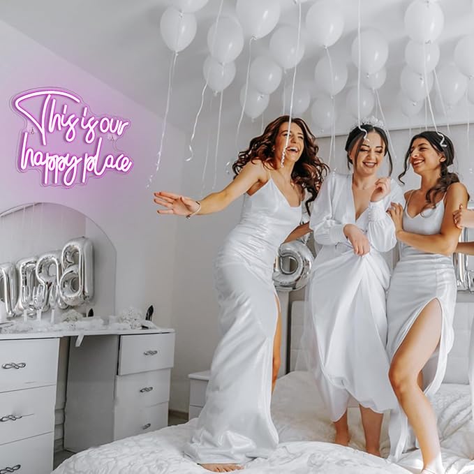 NOSUN This is Our Happy Place Neon Sign Pink Neon Signs for Wall Decor Pink Neon Light Sign with Dimmable Letter Neon Signs for Bedroom Bar Party Club Home Wedding Birthday Party LED Decorations
