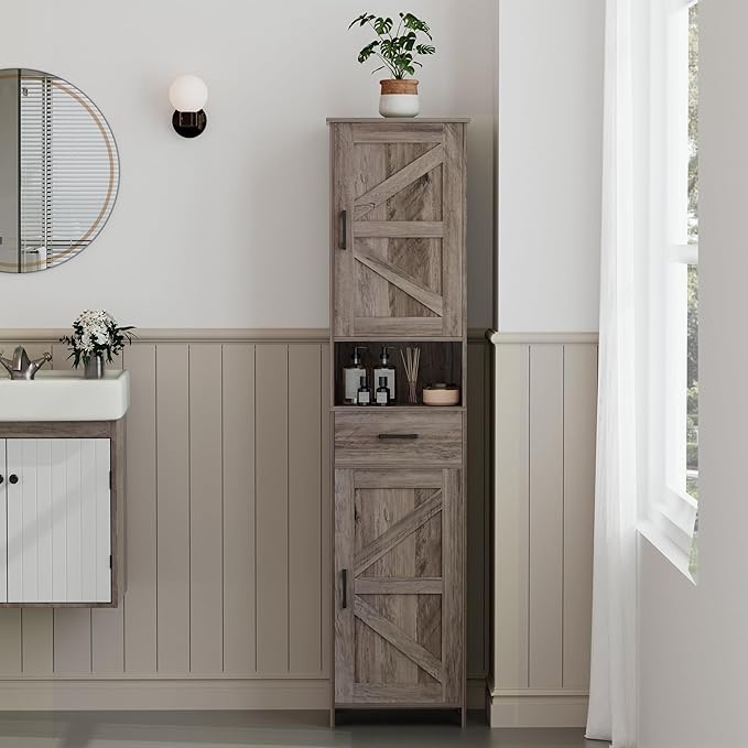 Homhedy 67" H Tall Bathroom Storage Cabinet with 2 Barn Doors and 1 Drawer, Narrow Storage Unit, Adjustable Shelves, Floor Cabinet for Bathroom, Living Room, Entryway, Kitchen, Greige, (15.7" W)