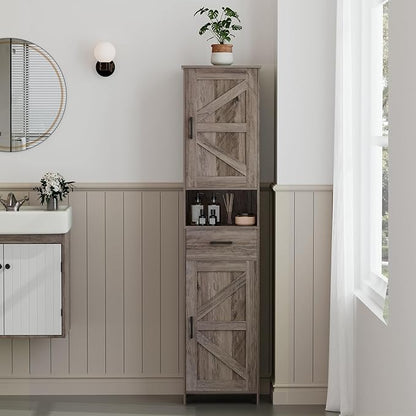 Homhedy 67" H Tall Bathroom Storage Cabinet with 2 Barn Doors and 1 Drawer, Narrow Storage Unit, Adjustable Shelves, Floor Cabinet for Bathroom, Living Room, Entryway, Kitchen, Greige, (15.7" W)