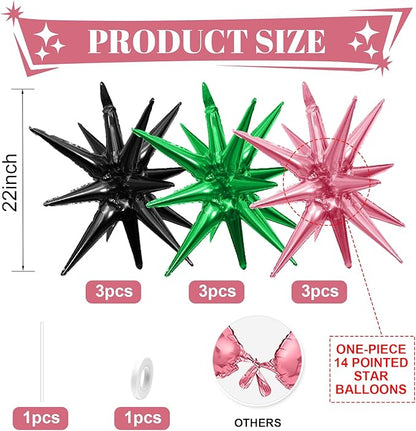 Pink Green Black Star Balloons,9Pcs 22Inch Pink Green Explosion Spike Cone Helium Star Foil Balloons for Witch Birthday Anniversary Disco Party Decorations