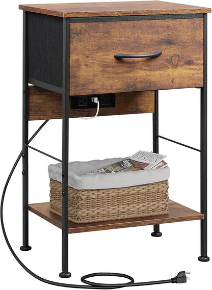 WLIVE Night Stand with Charging Station, Small Nightstand with Fabric Drawer and Open Shelf, 25" H Bedside Table for Bedroom, 2-Tier Storage End Tables, Dresser for Dorm, Entryway, Rustic Brown