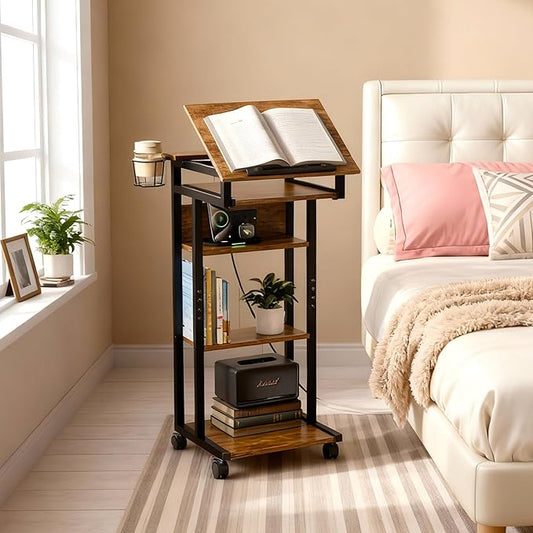 ZIFTY C Shaped End Table with Charging Station, 360° Swivel Couch Table with Wheels, Adjustable Laptop Tray, Sliding Keyboard Shelf & Storage Shelves, TV Tray Side Table for Living Room Bedroom Rustic