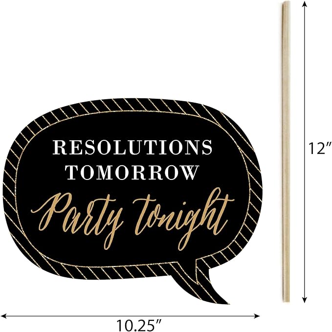 Big Dot of Happiness Funny New Year's Eve Photo Booth Props Kit, 10-Piece, Black & Gold, Cardstock & Wood