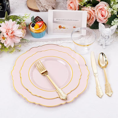 Liacere 350PCS Pink Plates Disposable - Pink and Gold Plates 50guest Baroque Plastic Dinnerware include 100Plates, 50Pack Pre Rolled Napkins with Silverware 50Cups Perfect for Valentine's Day