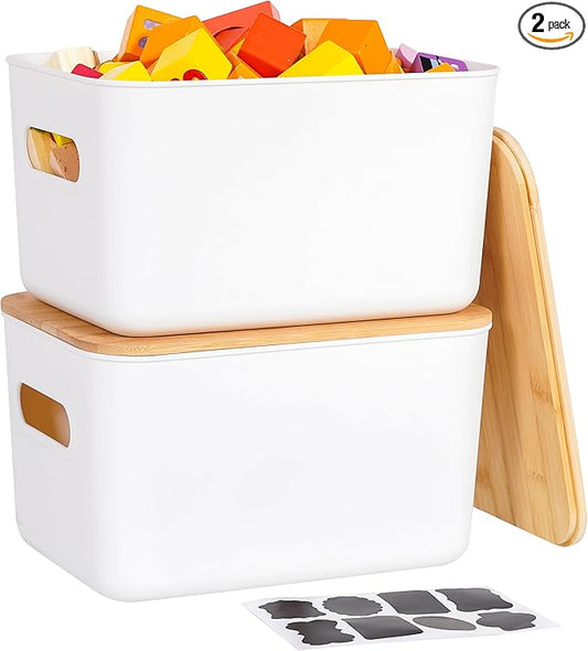 Citylife Storage Bins with Bamboo Lids 6QT Plastic Storage Containers Stackable Organizer Boxes with Handle for Desk Snacks, Toys, 2 PCS, 10"L x 7"W x 6.18"H