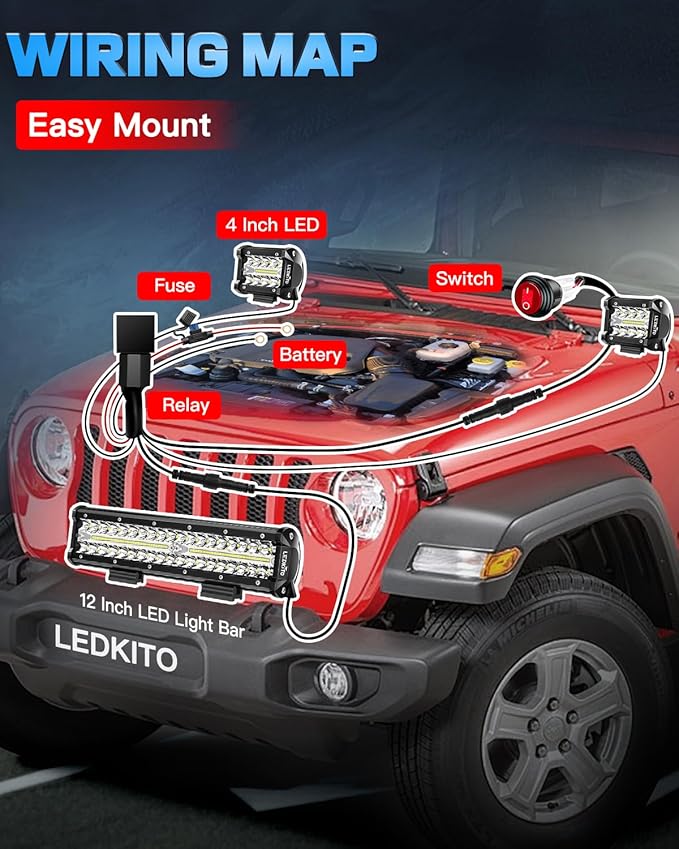12 Inch LED Light Bar and 2PCS 4 Inch Pod Lights Off Road Lights with Switch 3 Lead Wiring Harness Triple Row Spot Flood Combo LED Light Bar for Truck Car UTV Boat
