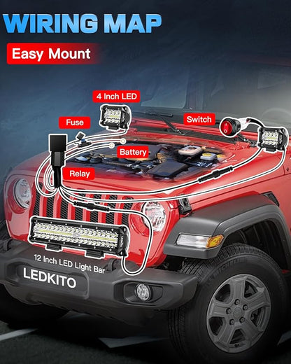 12 Inch LED Light Bar and 2PCS 4 Inch Pod Lights Off Road Lights with Switch 3 Lead Wiring Harness Triple Row Spot Flood Combo LED Light Bar for Truck Car UTV Boat