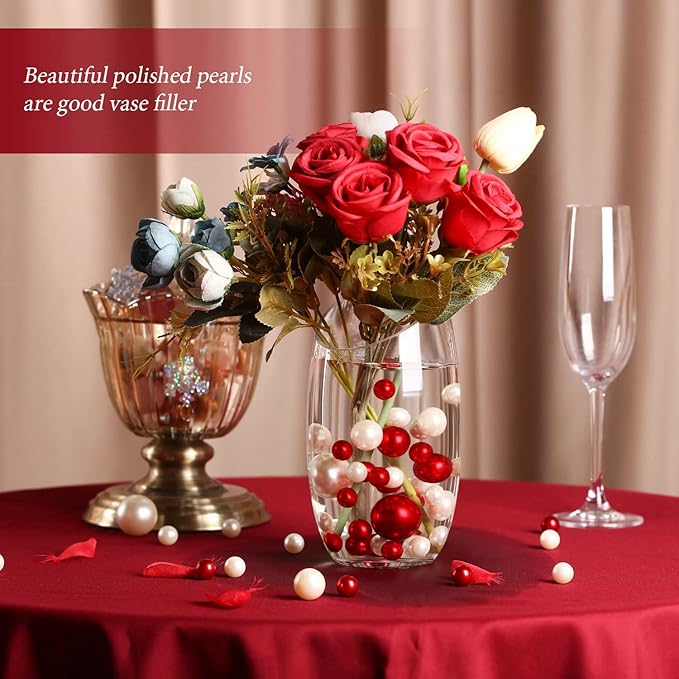 Hicarer 120 Pieces Pearl for Vase Filler Pearl Bead Vase Centerpieces Brush Holder Assorted Round Faux Bead for Crafting, Home Wedding Table Decor 14/20/30 mm (Creamy White, Bright Red)