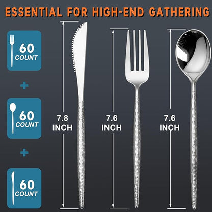 Rubtlamp 180 Pcs Silver Plastic Silverware - Hammered Disposable Silverware - Heavy Duty Plastic Forks And Spoons - Silver Plastic Cultery Include 60 Forks, 60 Knives And 60 Spoons for Wedding&Party