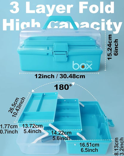 12in 3-Layer Plastic Craft Organizers and Storage, Portable Folding Tackle Box with Handle & Adjustable Dividers, Multipurpose Case for Sewing, Art Supplies, Medicine, Tools (Blue)