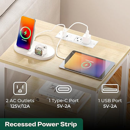 Huuger Nightstand with Charging Station, Side Table with Fabric Drawers, End Table with Open Shelf, Bedside Table with USB Ports and Outlets, Night Stand for Bedroom, White Marple