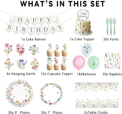 143PCS Spring Wildflower Party Supplies Birthday Decorations Plates Napkins Set, Banner, Hanging Swirls, Tablecloth, Cake Topper, Balloon,Floral Baby Shower, Serves 20
